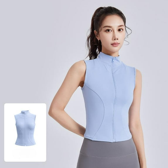 Top-kevin Women Sleeveless Athletic Tank Top Shirts Full Zip Up Tshirt for Yoga Running Fitness Exercise