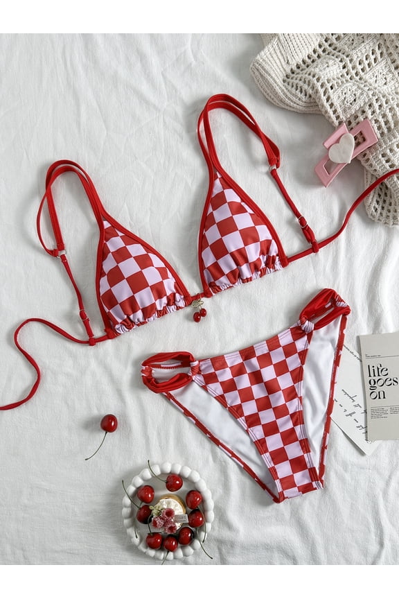 Women's 2 Piece Swimsuit Cherry Print Bikini Set Halter Triangle Bikini Side Tie String Bathing Suits