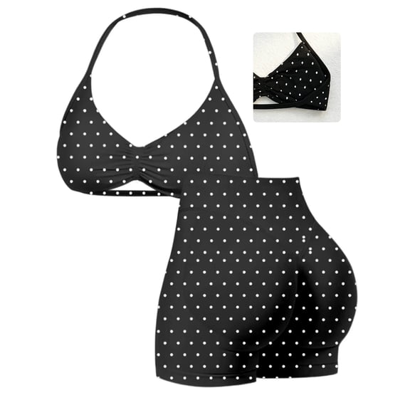 Top-kevin Women's Black Polk Dot Print Halter Neck Tankini Top Two Piece Bathing Swimsuit