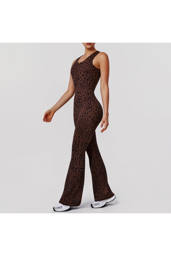 Women's Cheetah Print Work Out Sets Yoga Jumpsuit Criss Cross Sleeveless Workout Clothes Flared Pants Jumpsuits