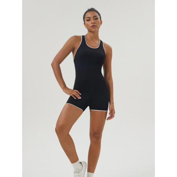 Top-kevin Women's Colorblock Print Sports Tank Romper, Sporty Sleeveless Spaghetti Strap Romper for Yoga Gym Workout, Ladies Sportswear for All Seasons