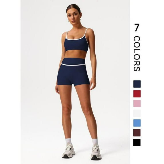 Top-kevin Women's Contrast Binding Crop Sports Bra & High Waist Shorts Sportswear Set, Breathable Comfortable Outfits for Yoga Gym Workout Running, Ladies Sportswear for All Seasons