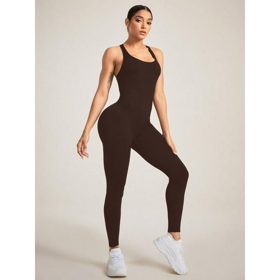 Top-kevin Women's Criss Cross Backless Sports Jumpsuit, Summer Clothes, Sporty Scoop Neck Backless Tank Jumpsuit, Ladies Sportswear for Indoor Outdoor Wear