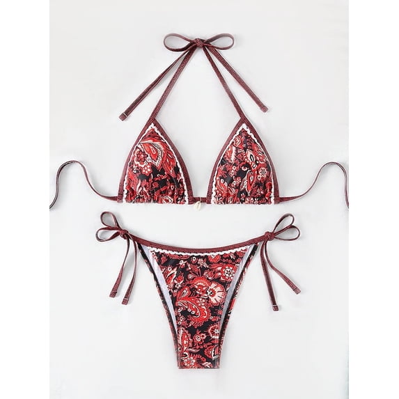Top-kevin Women's Floral Printed Bathing Suit Halter Paisley Summer Swimsuit Bikinis Set