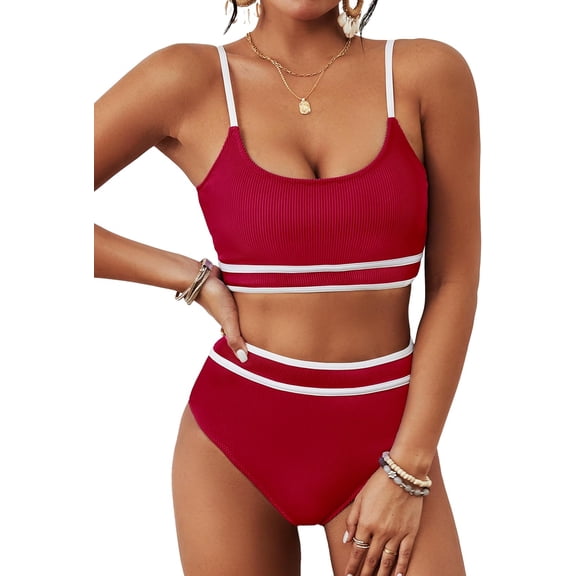 Top-kevin Women's High Waisted Bikini Ribbed Two Piece Swimsuit High Cut Color Block Adjustable Straps Bathing Suit