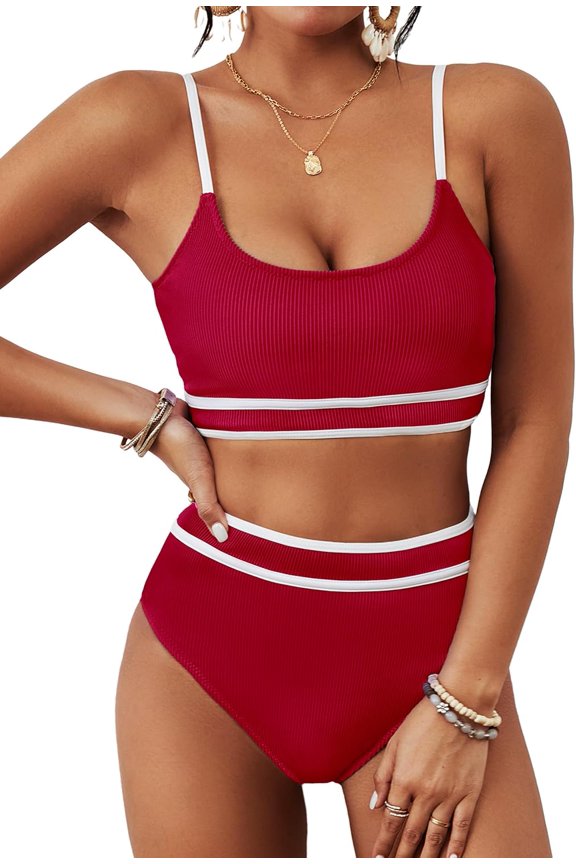 Women's High Waisted Bikini Ribbed Two Piece Swimsuit High Cut Color Block Adjustable Straps Bathing Suit