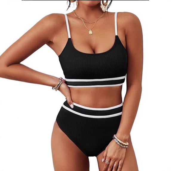 Top-kevin Women's High Waisted Bikini Ribbed Two Piece Swimsuit High Cut Color Block Adjustable Straps Bathing Suit