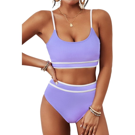 Top-kevin Women's High Waisted Bikini Ribbed Two Piece Swimsuit High Cut Color Block Adjustable Straps Bathing Suit