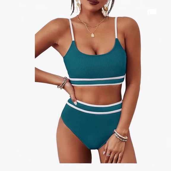 Top-kevin Women's High Waisted Bikini Ribbed Two Piece Swimsuit High Cut Color Block Adjustable Straps Bathing Suit