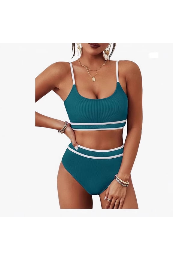 Women's High Waisted Bikini Ribbed Two Piece Swimsuit High Cut Color Block Adjustable Straps Bathing Suit