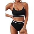 thumbnail image 1 of Top-kevin Women's High Waisted Bikini Ribbed Two Piece Swimsuit High Cut Color Block Adjustable Straps Bathing Suit, 1 of 8
