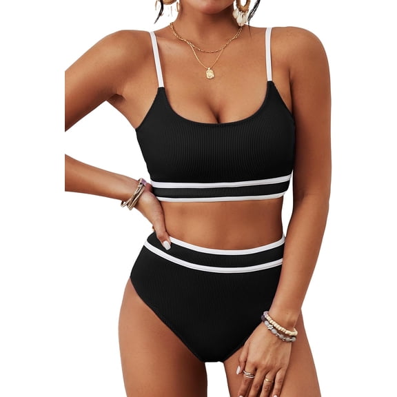 Top-kevin Women's High Waisted Bikini Ribbed Two Piece Swimsuit High Cut Color Block Adjustable Straps Bathing Suit