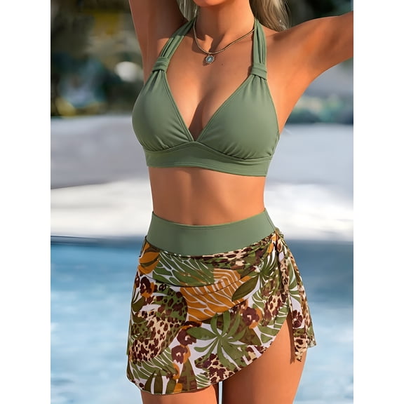 Top-kevin Women's Olive Green & Tropical Print Two Piece Bikini Set - Halter Neck Triangle Top High Waist Wrap Skirt Bottoms, Quick-Dry Swimwear for Beach & Pool