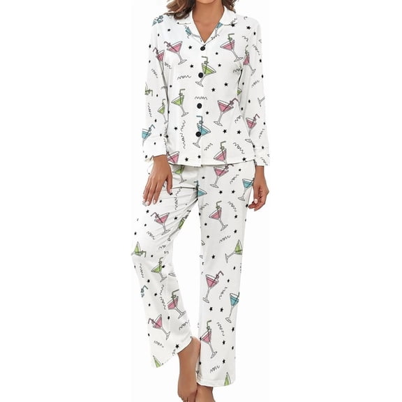 Top-kevin Women's Pajama Sets Cocktail Glasses Lemon Gold Long Sleeve Lounge Sets Pjs Sleepwear with Pockets