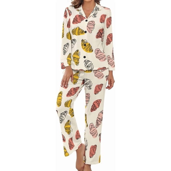 Top-kevin Women's Pajama Sets Colorful Croissant Pattern Long Sleeve Lounge Sets Pjs Sleepwear with Pockets