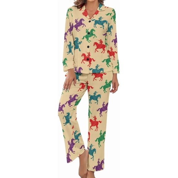 Top-kevin Women's Pajama Sets Cowboy Horses Colorful Long Sleeve Lounge Sets Pjs Sleepwear with Pockets