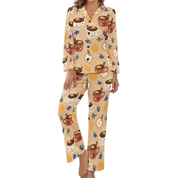 Top-kevin Women's Pajama Sets Cup Orange Cinnamon Berry Long Sleeve Lounge Sets Pjs Sleepwear with Pockets