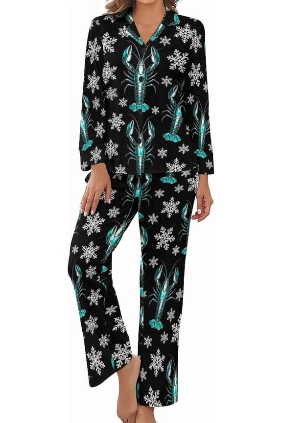 Women's Pajama Sets Cute Lobsters Snowflakes Long Sleeve Lounge Sets Pjs Sleepwear with Pockets