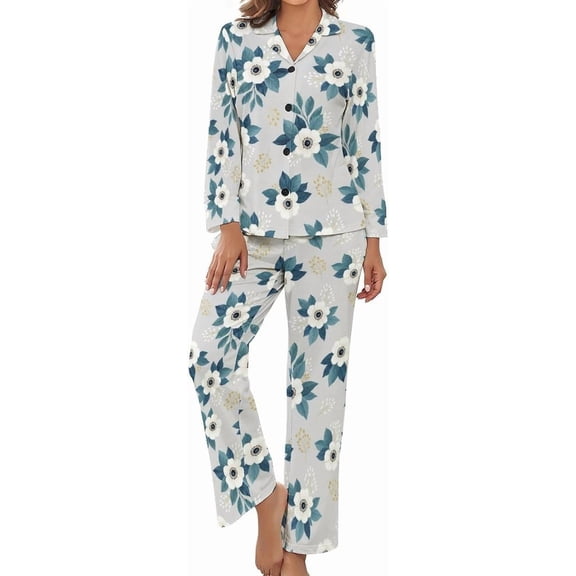Top-kevin Women's Pajama Sets Floral Pattern White Long Sleeve Lounge Sets Pjs Sleepwear with Pockets