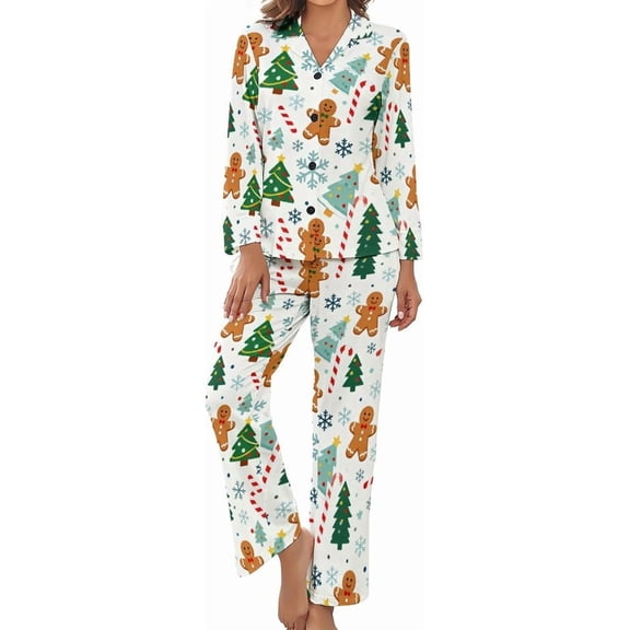 Top-kevin Women's Pajama Sets Gingerbread Christmas Trees Long Sleeve Lounge Sets Pjs Sleepwear with Pockets