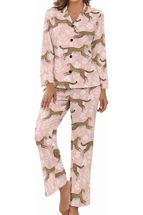 Women's Pajama Sets Leopard Floral Pattern Long Sleeve Lounge Sets Pjs Sleepwear with Pockets