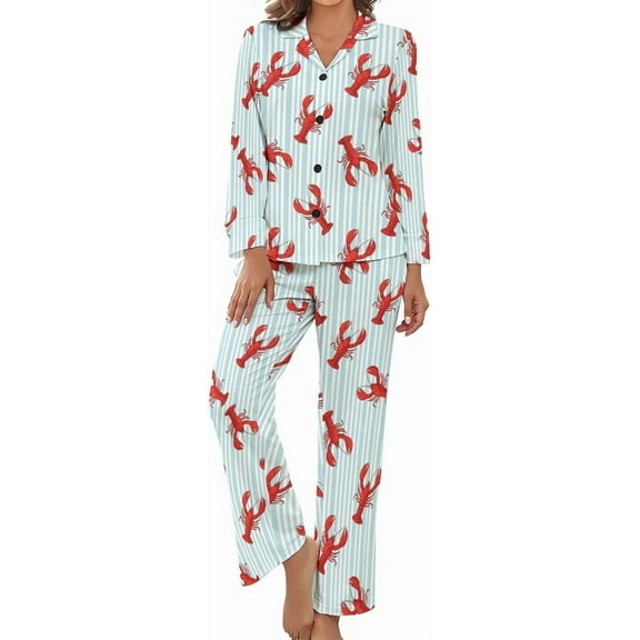 Top-kevin Women's Pajama Sets Sea Lobster Cartoon Long Sleeve Lounge Sets Pjs Sleepwear with Pockets