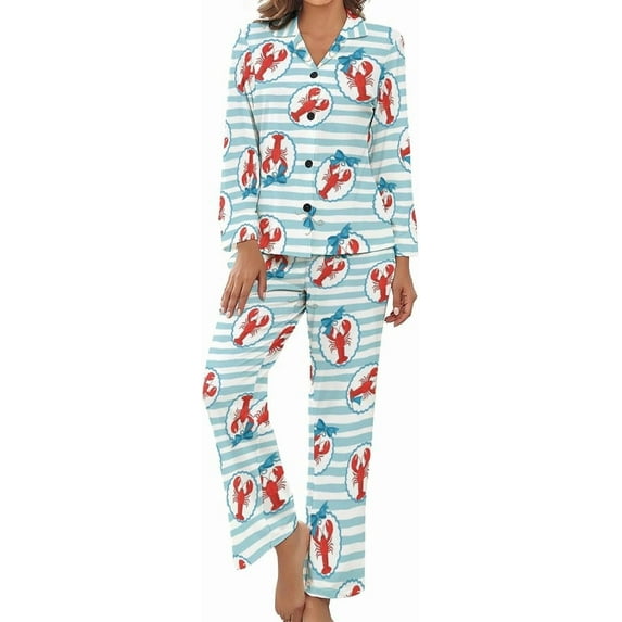 Top-kevin Women's Pajama Sets Sea Lobster Cartoon Long Sleeve Lounge Sets Pjs Sleepwear with Pockets