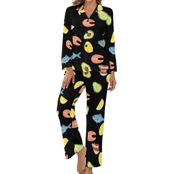 Top-kevin Women's Pajama Sets Seafood Fruit Pattern Long Sleeve Lounge Sets Pjs Sleepwear with Pockets