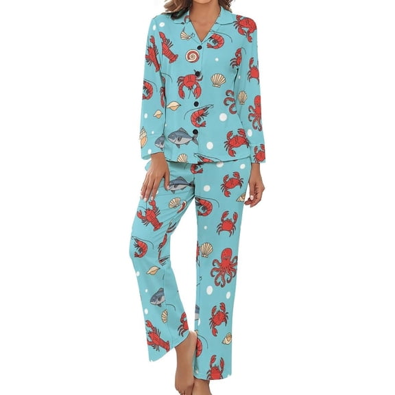 Top-kevin Women's Pajama Sets Seafood Fruit Pattern Long Sleeve Lounge Sets Pjs Sleepwear with Pockets