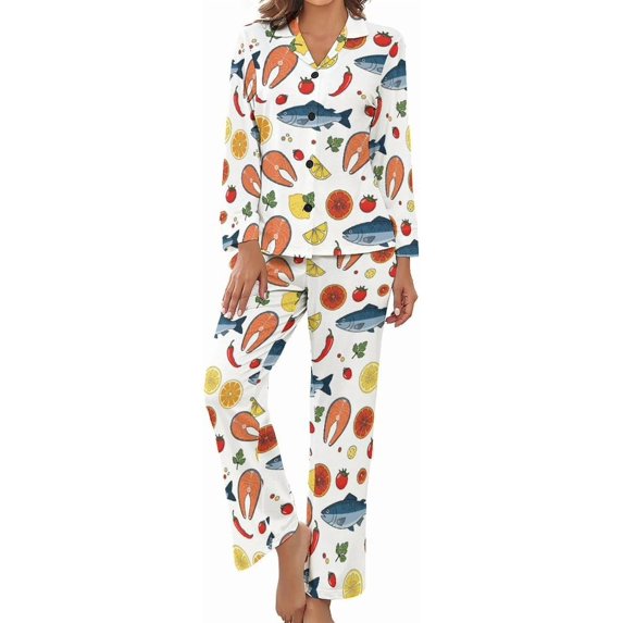 Top-kevin Women's Pajama Sets Seafood Fruit Pattern Long Sleeve Lounge Sets Pjs Sleepwear with Pockets