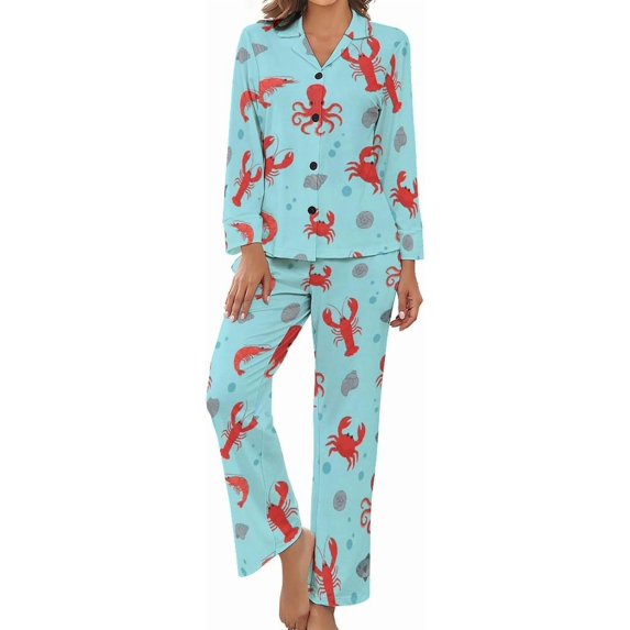 Top-kevin Women's Pajama Sets Seafood Fruit Pattern Long Sleeve Lounge Sets Pjs Sleepwear with Pockets
