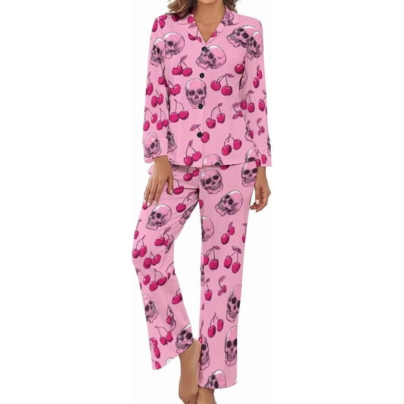 Top-kevin Women's Pajama Sets Skull Cherry Pattern Long Sleeve Lounge Sets Pjs Sleepwear with Pockets