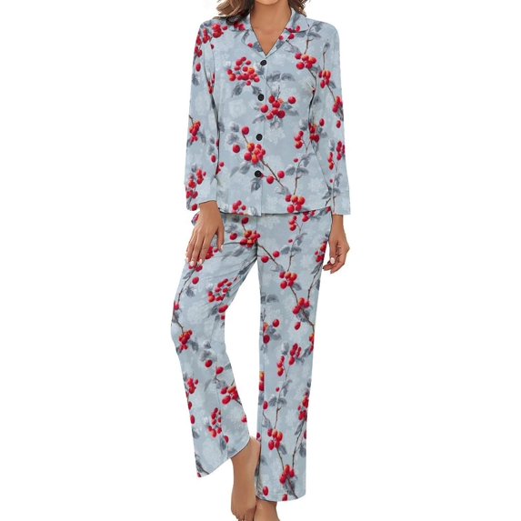 Top-kevin Women's Pajama Sets Snowy Branches Pattern Long Sleeve Lounge Sets Pjs Sleepwear with Pockets