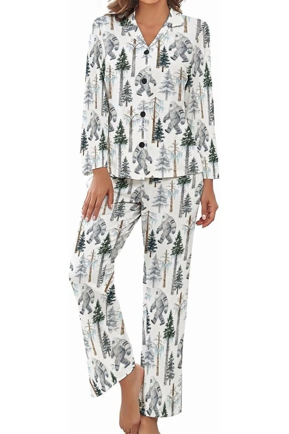 Women's Pajama Sets Snowy Forest Bear Bigfoot Long Sleeve Lounge Sets Pjs Sleepwear with Pockets
