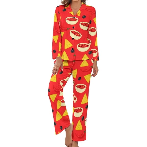 Top-kevin Women's Pajama Sets Taco Pattern Red Long Sleeve Lounge Sets Pjs Sleepwear with Pockets