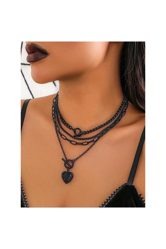 Women's Punk Style Heart Design Pendant Necklace & OT Buckle Chain Necklaces 4 Counts Fashion Charm & Chain Necklaces Trendy Goth Jewelry for Birthday Gift Adjustable Charms Necklace