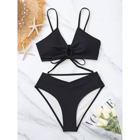 Top-kevin Women's Sexy High Leg Triangle Halter Bikini Set Padded Cup Bikini Cheeky Swimsuit V Cut Thong Bathing Suit