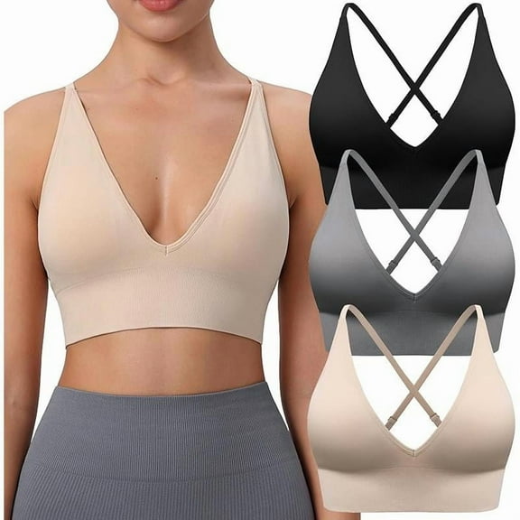 Top-kevin Women's Sports Bras Adjustable Deep V Neck Bras Wireless Spaghetti Strap Criss Cross Padded Low Support Sexy Bras gym sport bra Women's Ribbed Knit Sports Bra
