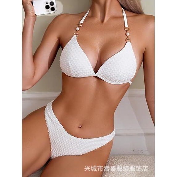 Top-kevin Women's Triangle Bikini Set Cheeky High Cut Sexy Two Piece Swimsuit Cute Halter Bathing Suit
