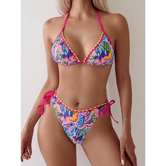 Top-kevin Women's Triangle Bikini Sets O Ring Linked Two Piece Swimsuits Floral Printed Cheeky Bathing Suit