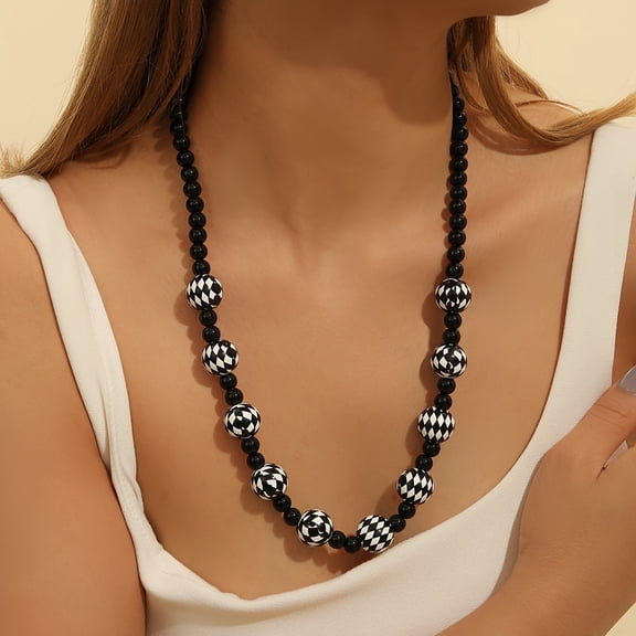 Top-kevin Women's Y2K Hip-Hop Necklace - Extra Long Layered chain with Black & White Beads, Minimalist Everyday & Formal Jewelry for Parties, Birthdays, Gifts - Year-Round Necklace for Women