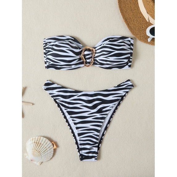 Top-kevin Women's Zebra Print Push-Up Bikini Set Bandeau Top with Gold Ring Detail High-Cut Bottoms, Sexy Figure-Flattering Swimwear for Beach Pool