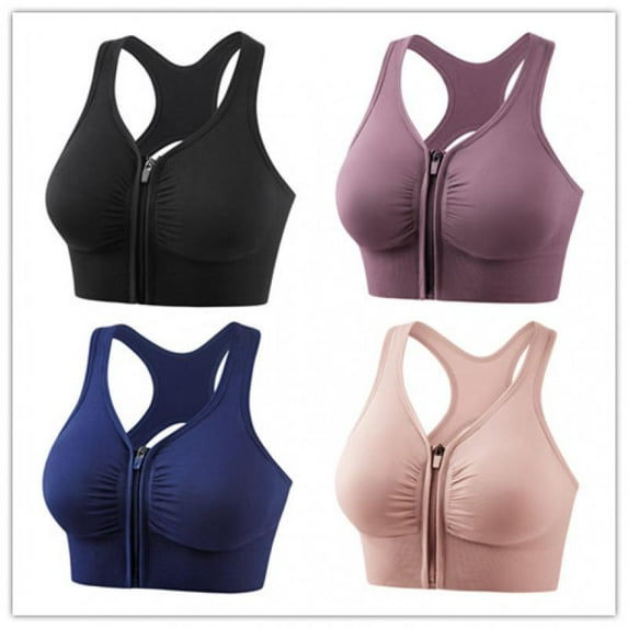 Top-kevin Yoga Exercise Athletic Bras Women's Zip Front Sports Bras Wireless Padded Racerback Medium Support Post-Surgery Bra