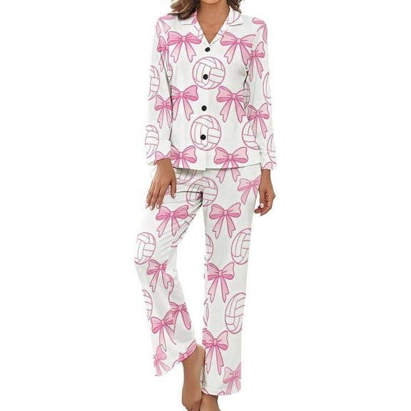 Top-kevin Womens Pajamas Set Bows Volleyballs Pattern Soft Long Sleeve Sleepwear Button Down Sets