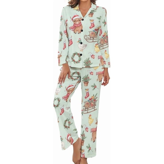 Top-kevin Womens Pajamas Set Christmas Cake Tea Snowflake Soft Long Sleeve Sleepwear Button Down Sets