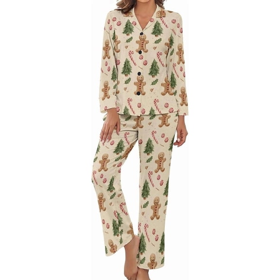 Top-kevin Womens Pajamas Set Christmas Gingerbread Men Soft Long Sleeve Sleepwear Button Down Sets