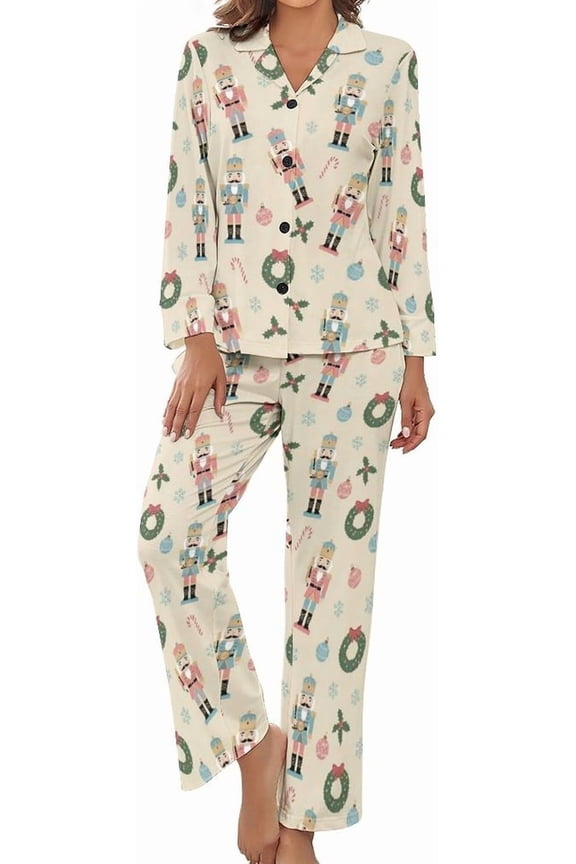 Womens Pajamas Set Christmas Nutcrackers Wreaths Soft Long Sleeve Sleepwear Button Down Sets
