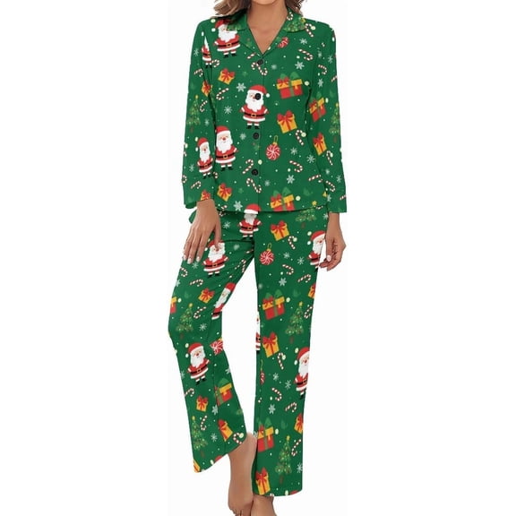 Top-kevin Womens Pajamas Set Christmas Santa Candy Soft Long Sleeve Sleepwear Button Down Nightwear Pj Lounge Sets