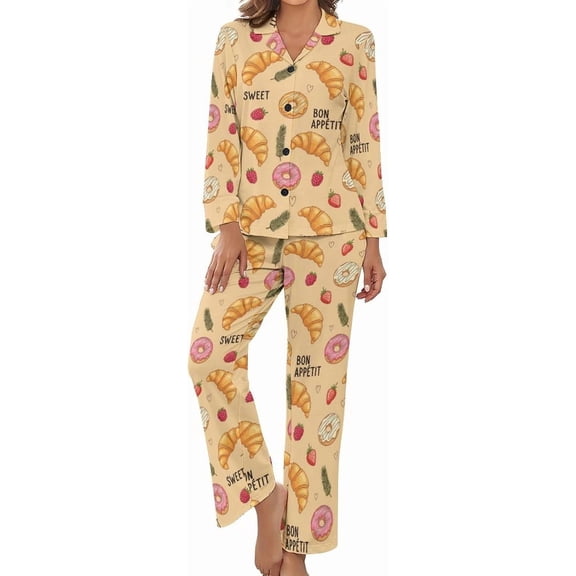 Top-kevin Womens Pajamas Set Croissant Cinnamon Stick Soft Long Sleeve Sleepwear Button Down Sets