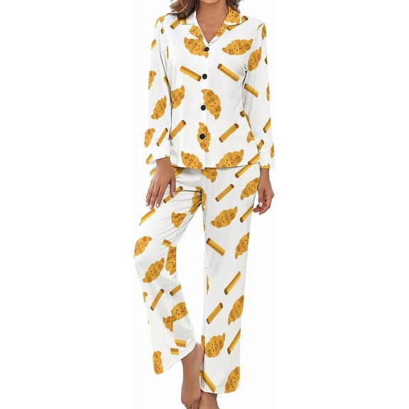 Top-kevin Womens Pajamas Set Croissant Cinnamon Stick Soft Long Sleeve Sleepwear Button Down Sets